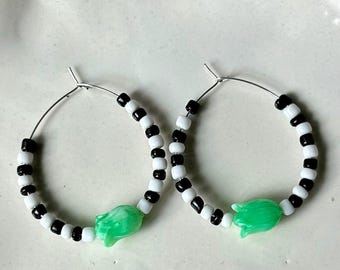 Black and White with Green Tulip Upcycled beaded hoop earrings
