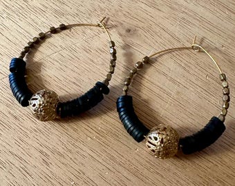 Black and Gold Upcycled beaded hoop earrings