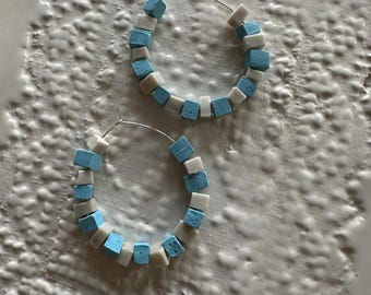 Carolina Blue and White square hoop earrings