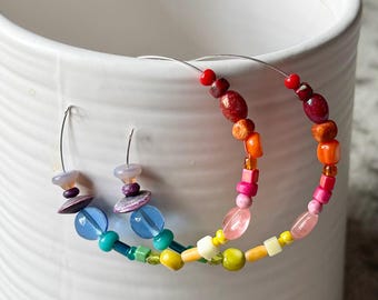 Rainbow upcycled beaded hoop earrings