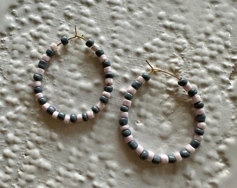 Grey and Light Pink beaded hoop earrings