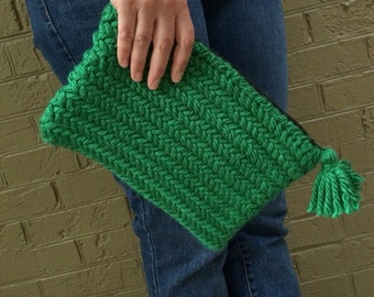 Clutch - Emerald Green Herringbone Knit Purse with Tassel