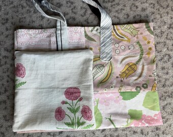 Mahjong carry and tile bag set upcycled designer fabric pink mix