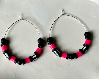 Black and Pink Modern Upcycled beaded hoop earrings