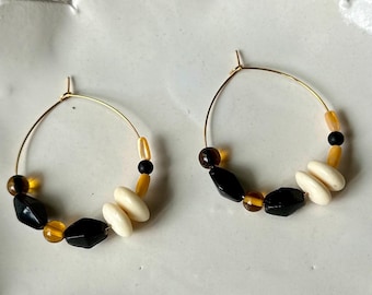 Brown, Cream and Gold Upcycled beaded hoop earrings