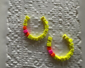 Yellow, Pink and Orange square bead hoop earrings