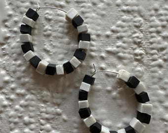 Black and White square bead hoop earrings