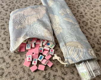 Mahjong tile and rack bag set upcycled designer fabric blue and cream