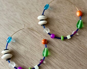Multi Colored Upcycled beaded hoop earrings
