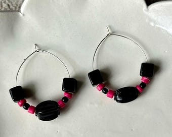 Black and Pink Upcycled beaded hoop earrings