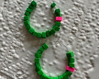 Green and pink square hoop earrings