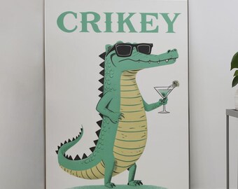 Crikey! Cool Aligator z Martini Retro Print - Wystrój Baru - Humorystyczny Print