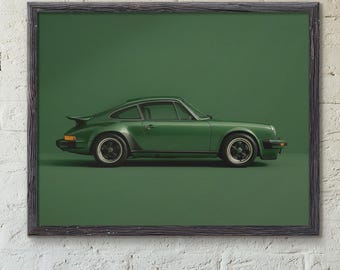 Vintage Porsche 911 Digital Print – Classic Green Sports Car Wall Art – Retro Auto Poster