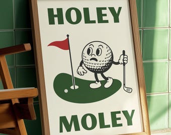 Holey Moley Funny Golf Art Print – Retro Cartoon Golf Ball Poster - Golfer Wall Decor - Digital Print - Sporty Home Decor