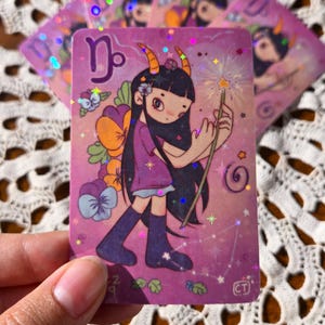 Sticker du zodiaque Capricorne | Sticker pour tablette et téléphone | autocollant holographique | Fille magique | Décoration de papeterie | Horoscope kawaii mignon