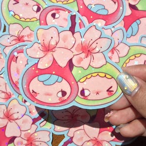 Sticker vinyle mignon fleurs de cerisier | fleurs de printemps scintillantes | Résistant à l'eau | Décoration de papeterie pour tablette et téléphone | Sakura holographique kawaii