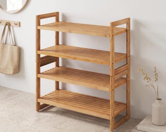 Bamboo Shoe Rack, Stackable 4-Tier Entryway Organizer, Holds 12 Pairs
