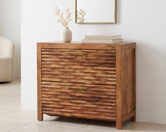 Shoe Storage Cabinet in Solid Mango Wood, Hand-Carved Wavefront, Amber Oak Finish