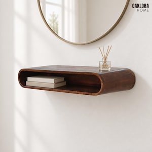 Wall Media Console, Solid Mango Wood Floating TV Shelf, 36-Inch Curved Design