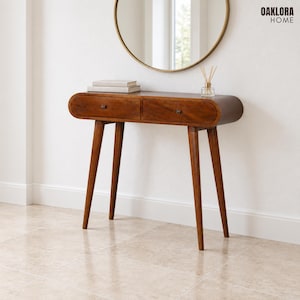 Solid Mango Wood Console Table, Chestnut Finish With Two Drawers