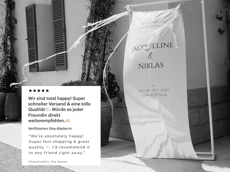 May include: A white wedding banner with the text "WELCOME TO THE WEDDING" and the names "JACOJELINE & NIKLAS". The banner also includes the date "06.-08. JUNI 2025" and location "SON BUMOLA".
