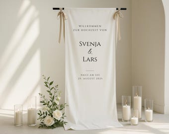 Letrero de bienvenida de boda de tela con aspecto de lino | Banner de boda personalizado, moderno y minimalista | Letrero de bienvenida con nombres y fecha