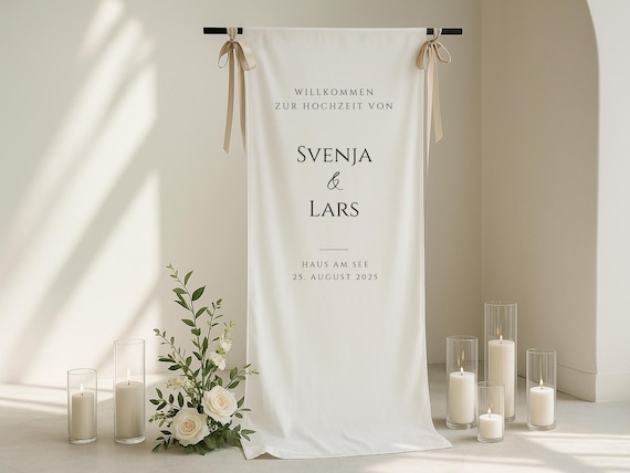 Willkommensschild Hochzeit aus Stoff in Leinenoptik | Personalisiertes Hochzeitsbanner modern, minimalistisch | Welcome Sign Namen & Datum