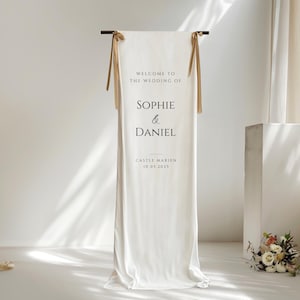 Modernes Hochzeit Willkommensschild, Leinen, Hochzeit Willkommensschild aus Stoff, Individualisiertes Leinen Hochzeitsschild, Boho Hochzeit