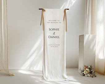 Letrero de bienvenida para boda, tela con aspecto de lino | Banner de boda moderno personalizado | Letrero de bienvenida para boda con nombres y fecha