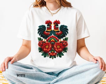 Boho Rooster Floral Shirt: Folk Art Cottagecore Comfort Colors Tee