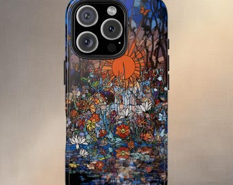 May include: A black phone case with a colorful stained-glass design. The artwork depicts a vibrant scene with a sun, flowers, and water, with a butterfly. The case has a glossy finish and a camera cutout.