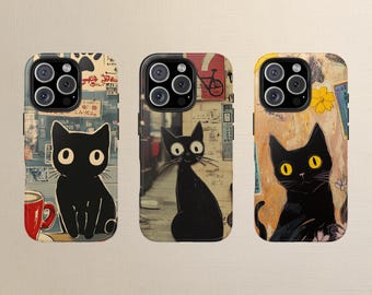 Black Cat Phone Case: Japanese Collage Art, iPhone & Samsung