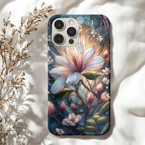 Magnolia Stained Glass Effect Phone Case,Tough Protection,Floral 3D Mosaic Tough Case,Stained Glass Effect with Flowers,Cases iPhone Samsung