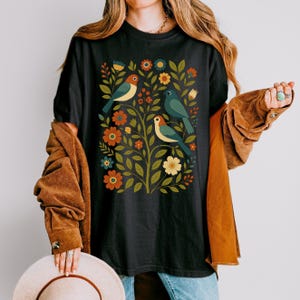 Cottagecore Birds and Flowers T-Shirt: Folk Art Scandi Tee