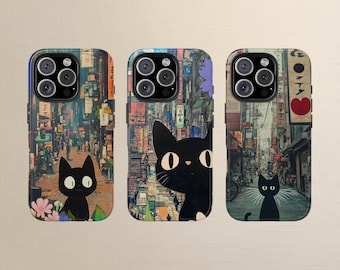 Black Cat Tokyo Phone Case: Japanese Art Collage, iPhone & Samsung