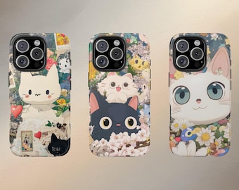 Japanese Cat Collage Phone Case, Kawaii Floral Kitty iPhone Case, Aesthetic Cartoon Cat Cover, Trendy Cute Animal Phone Case