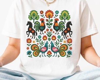 Cottagecore Rooster & Floral Unisex Tee - Comfort Colors Folk Art Shirt