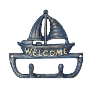 Nautical Sailboat Welcome Hook – Cast Iron Coastal Wall Decor for Entryway – Hand-Painted Key Holder