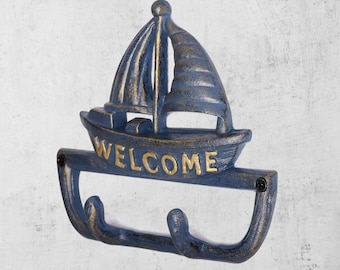 Nautical Sailboat Welcome Hook – Cast Iron Coastal Wall Decor for Entryway – Hand-Painted Key Holder