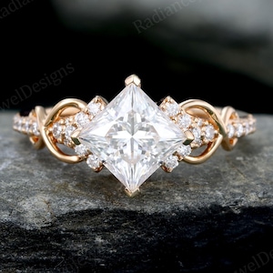 Princess cut Moissanite Engagement ring Half eternity pave diamond ring Infinity Twist Rose Gold Art Deco wedding ring Antique Promise ring