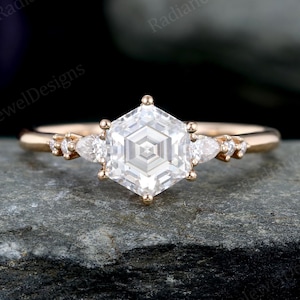 Hexagon cut Moissanite Engagement ring Stacking Pear diamond ring Vintage Handcrafted Rose Gold wedding ring Unique Promise Anniversary ring
