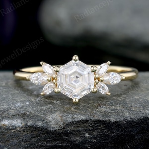 Sechseckschliff Moissanit Verlobungsring Cluster marquise Diamant Vintage Handgefertigt Gelbgold Ehering Einzigartiges Versprechen Jahrestagring