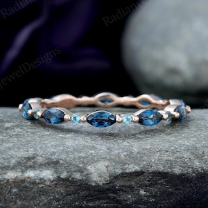 Full Eternity Marquise London Blue Topaz Wedding band Vintage Blue Gem Stackable Bridal ring Unique 14K Rose Gold Promise Anniversary Ring