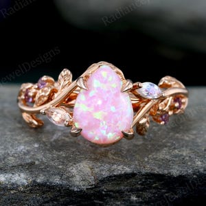 Natural inspired Pear cut Pink Opal Engagement ring Rose gold Twig Leaf ring Marquise Moonstone Amethyst Botanical Promise Bridal ring gift