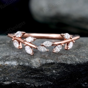 Marquise Moissanite Curved wedding band 14K Rose Gold Matching ring Diamond Laurel Wreath ring Leaf inspired Bridal ring Promise Ring gift