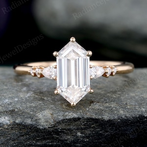 Elongated Hexagon cut Moissanite Engagement ring Stacking Pear diamond ring Vintage Rose Gold wedding ring Unique Promise Anniversary ring