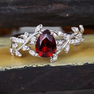 Nature inspired Pear Garnet Engagement ring, White gold Botanical Twisted ring, Moissanite Diamond ring, Bridal promise ring gift for her