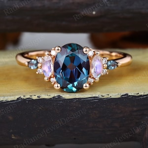 Cluster Oval cut Alexandrite Engagement ring for her, Rose gold ring, marquise cut Moonstone ring, Bridal promise ring, June birthstone ring