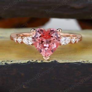 Unique Heart cut Pink sapphire Engagement ring Solid Rose gold ring moissanite Diamond Ring Bridal promise ring Anniversary gift for woman