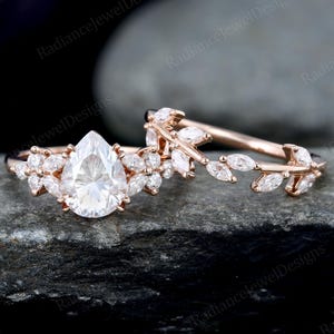 Birnenförmige Moissanit Verlobungsring Set Marquiseschliff Diamant Ehering Natürliche Inspiriert Blatt Ehering Versprechen Vintage Braut Set